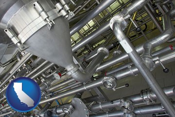 an industrial, stainless steel piping system - with California icon