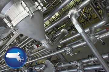 an industrial, stainless steel piping system - with Massachusetts icon