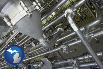 an industrial, stainless steel piping system - with Michigan icon