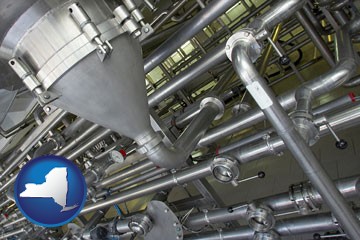 an industrial, stainless steel piping system - with New York icon
