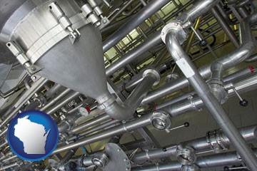 an industrial, stainless steel piping system - with Wisconsin icon